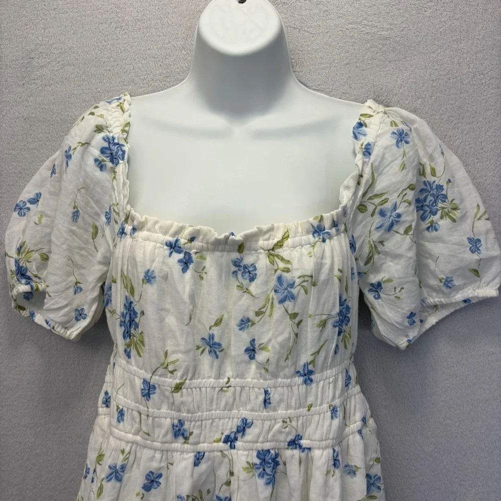 BP. Floral Milkmaid Sundress Womens Medium M White Blue Puff Sleeve Lightweight‎